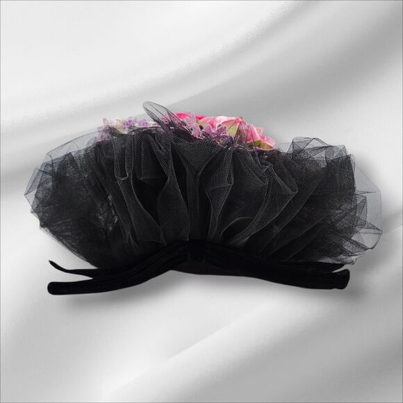 Vintage Mme. Poswolsky NY Black Tulle Derby Hat Roses & Rhinestones 1950s RARE main image 5